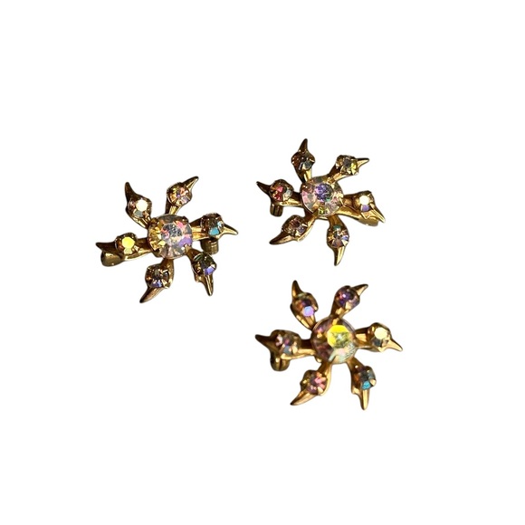 Vintage Set of 3 Small Sunburst Star Aurora Borealis Rhinestone Pins Brooches - Picture 2 of 3